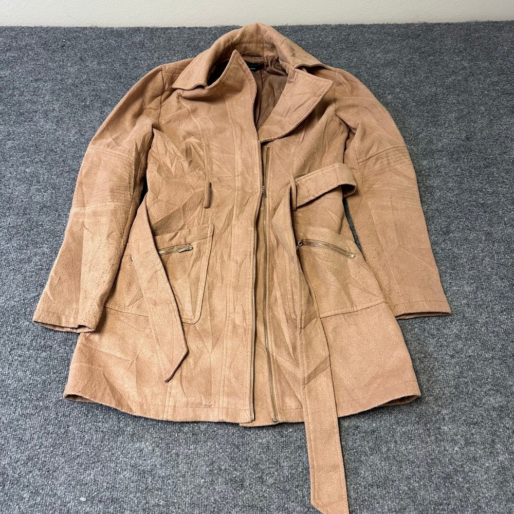 Bebe Trench Coat Womens Size S Tan Camel Belted Zip Front Long Sleeve Jacket